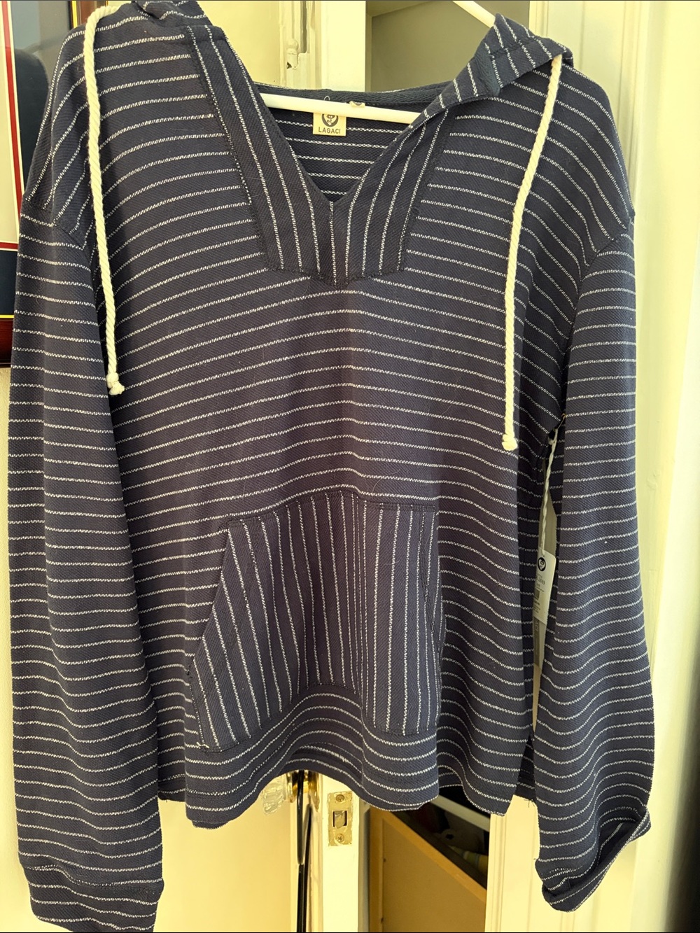 Get ready for cool beach nights. W Navy and White Striped Hoodie Sweatshirt- NWT